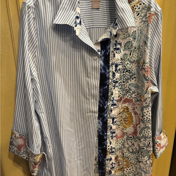 Chico's Tops - Chico's Light Blue and White Striped Button-Down Shirt